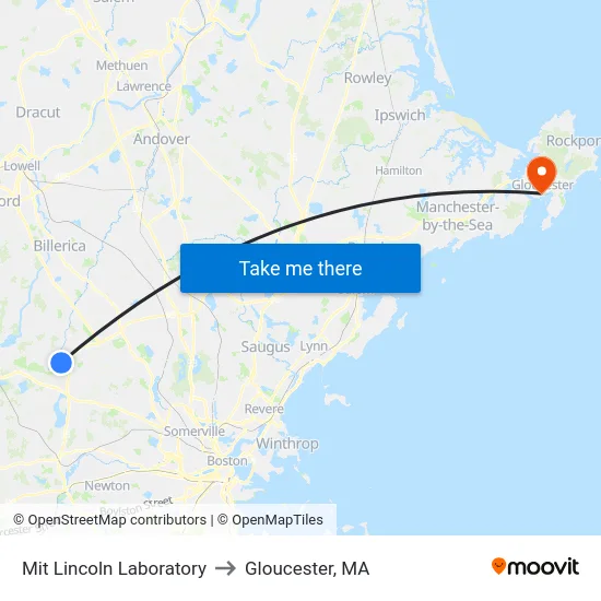 Mit Lincoln Laboratory to Gloucester, MA map