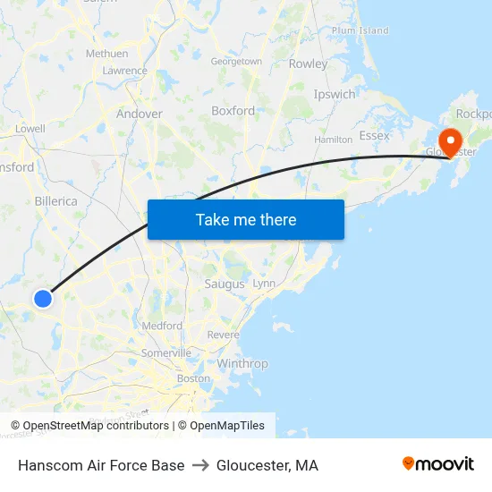 Hanscom Air Force Base to Gloucester, MA map