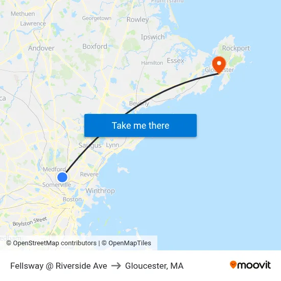 Fellsway @ Riverside Ave to Gloucester, MA map