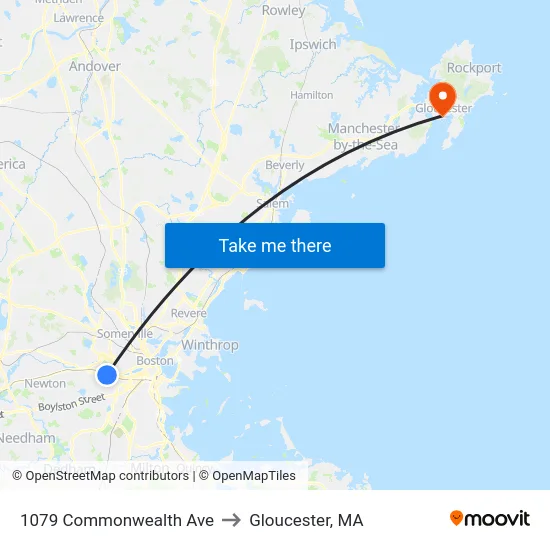 1079 Commonwealth Ave to Gloucester, MA map