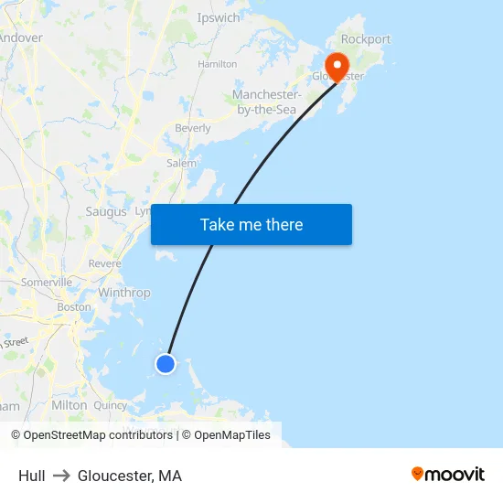 Hull to Gloucester, MA map