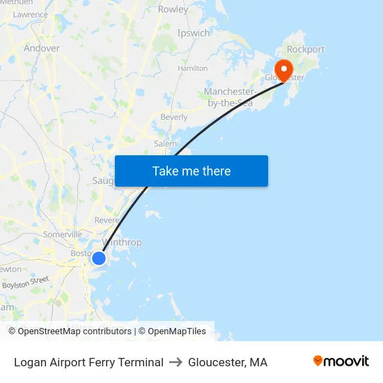 Logan Airport Ferry Terminal to Gloucester, MA map
