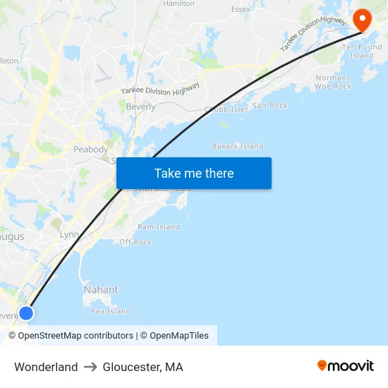 Wonderland to Gloucester, MA map