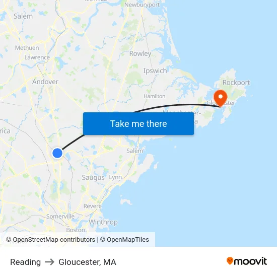 Reading to Gloucester, MA map