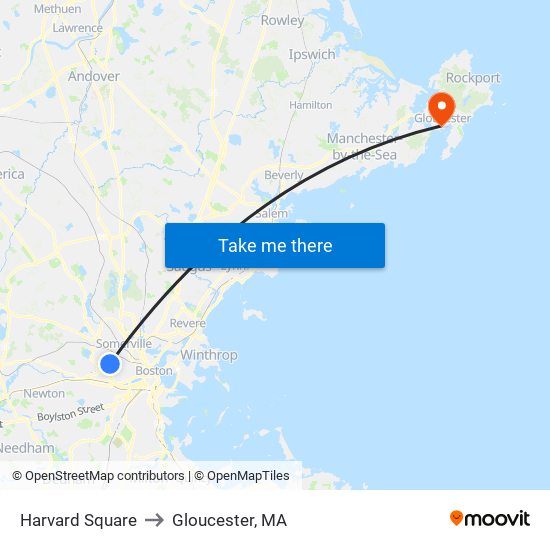 Harvard Square to Gloucester, MA map