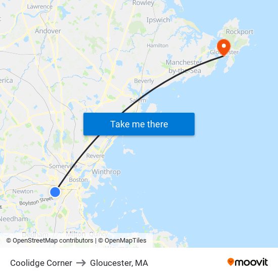 Coolidge Corner to Gloucester, MA map