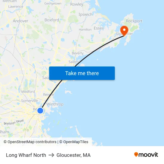 Long Wharf North to Gloucester, MA map