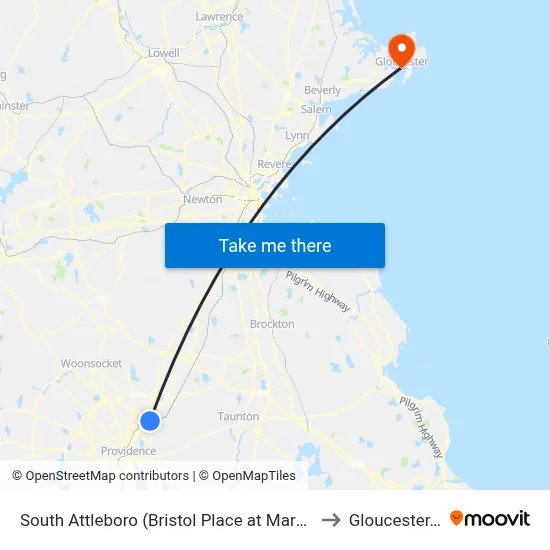 South Attleboro (Bristol Place at Market Basket) to Gloucester, MA map