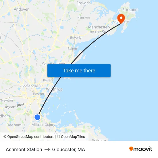 Ashmont Station to Gloucester, MA map