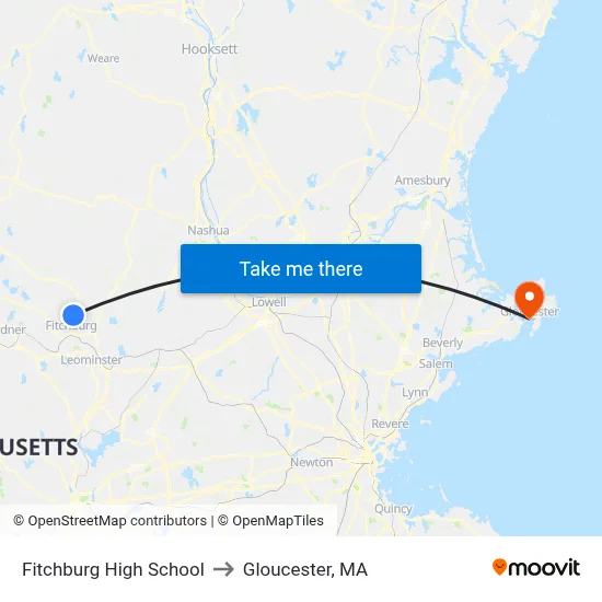 Fitchburg High School to Gloucester, MA map