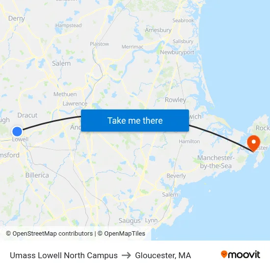 Umass Lowell North Campus to Gloucester, MA map