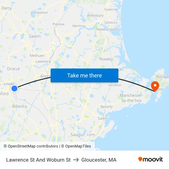 Lawrence St And Woburn St to Gloucester, MA map