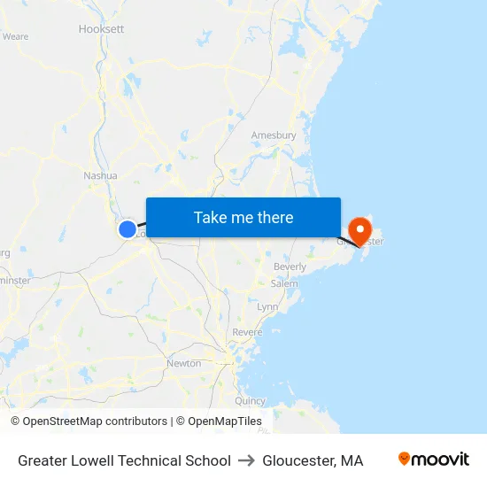 Greater Lowell Technical School to Gloucester, MA map