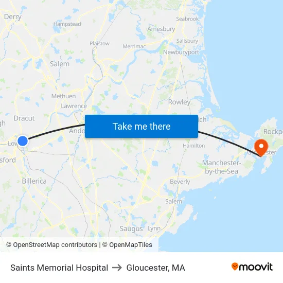 Saints Memorial Hospital to Gloucester, MA map
