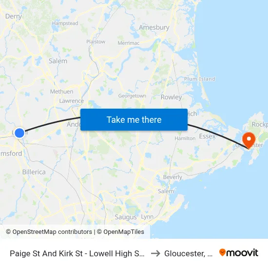 Paige St And Kirk St - Lowell High School to Gloucester, MA map