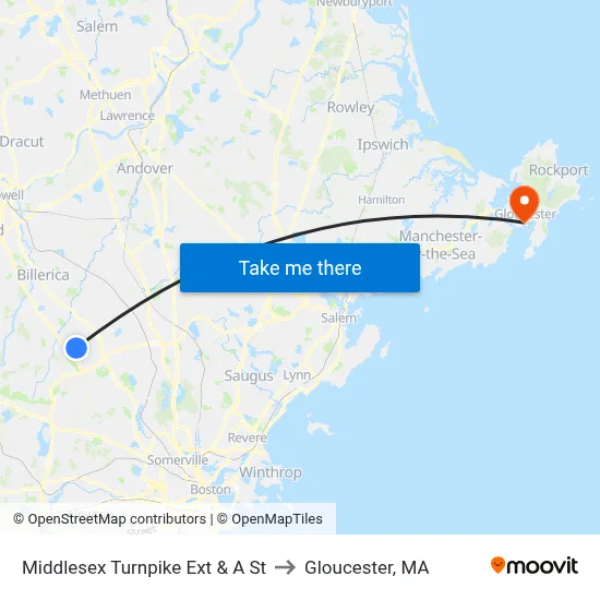 Middlesex Turnpike Ext & A St to Gloucester, MA map
