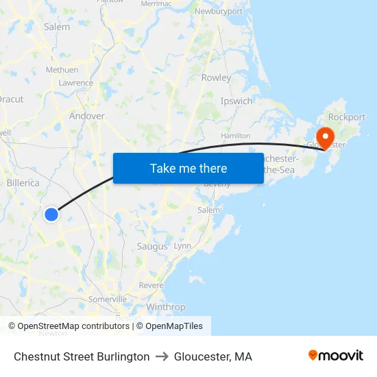 Chestnut Street Burlington to Gloucester, MA map