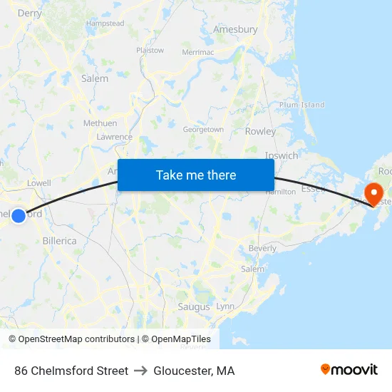 86 Chelmsford Street to Gloucester, MA map