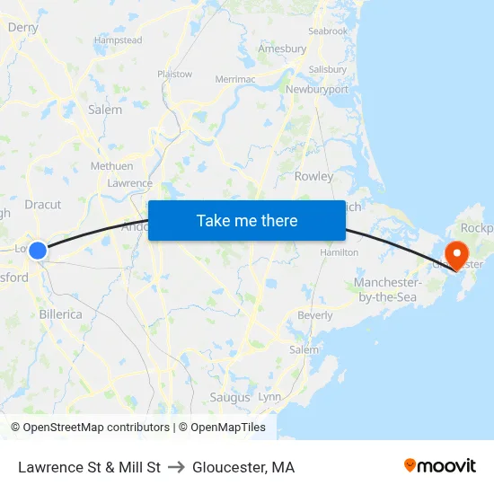 Lawrence St & Mill St to Gloucester, MA map