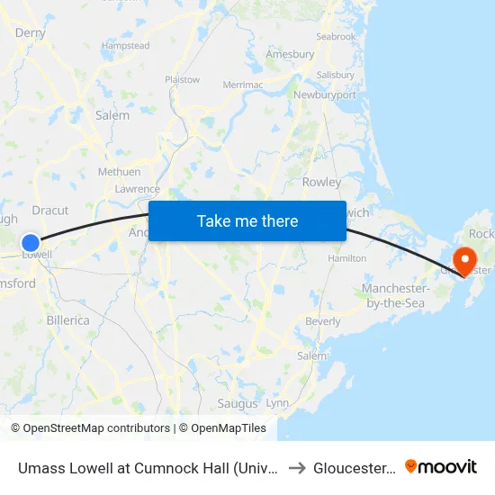 Umass Lowell at Cumnock Hall (University Ave) to Gloucester, MA map