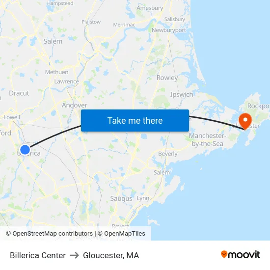Billerica Center to Gloucester, MA map