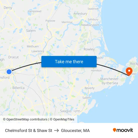 Chelmsford St & Shaw St to Gloucester, MA map