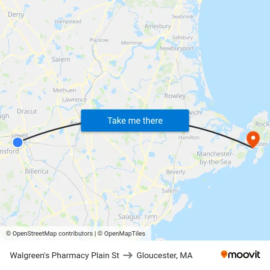 Walgreen's Pharmacy Plain St to Gloucester, MA map