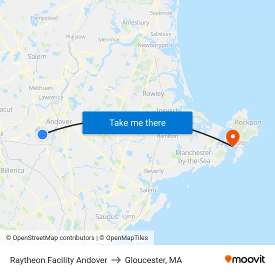Raytheon Facility Andover to Gloucester, MA map