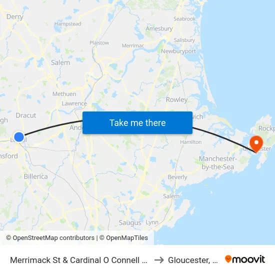 Merrimack St & Cardinal O Connell Pkwy to Gloucester, MA map