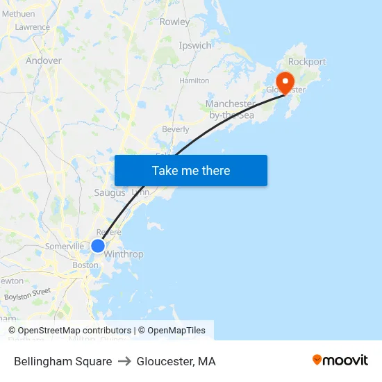 Bellingham Square to Gloucester, MA map