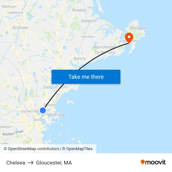 Chelsea to Gloucester, MA map