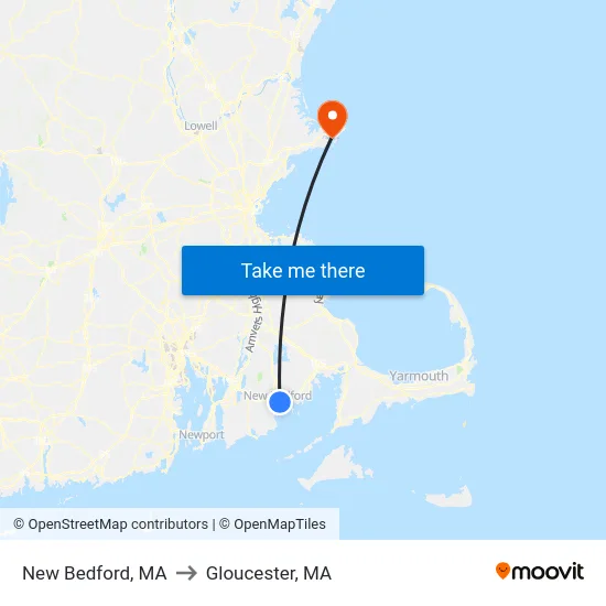 New Bedford, MA to Gloucester, MA map