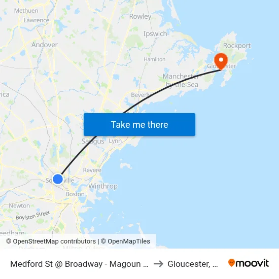 Medford St @ Broadway - Magoun Sq to Gloucester, MA map