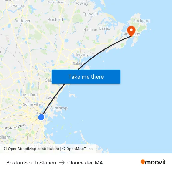 Boston South Station to Gloucester, MA map