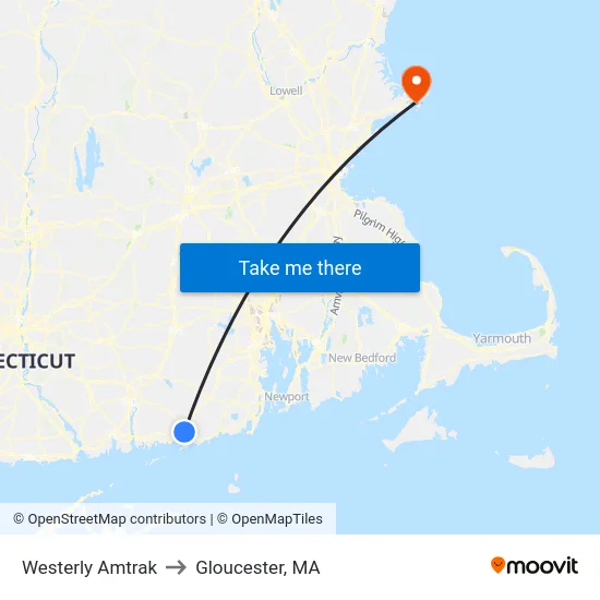Westerly Amtrak to Gloucester, MA map