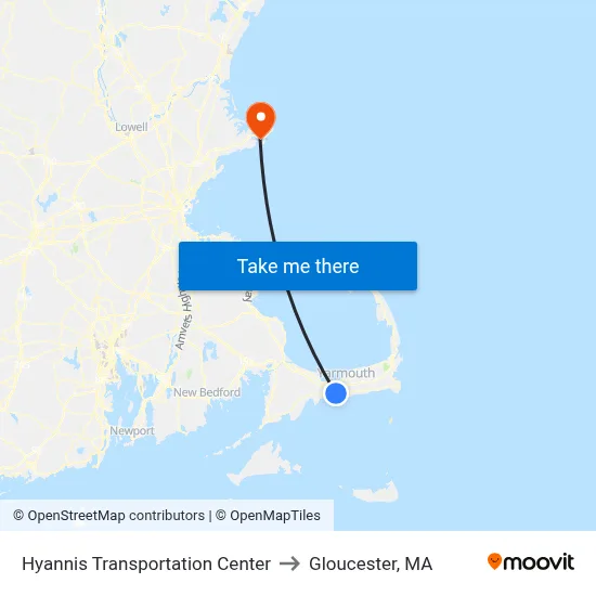 Hyannis Transportation Center to Gloucester, MA map