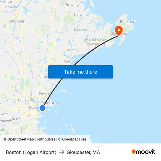 Boston (Logan Airport) to Gloucester, MA map