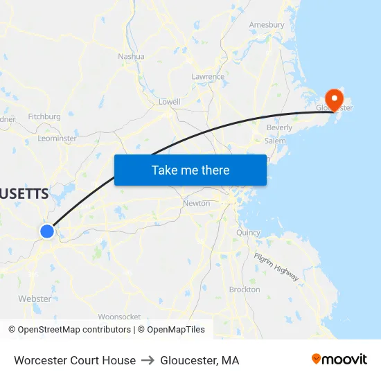 Worcester Court House to Gloucester, MA map