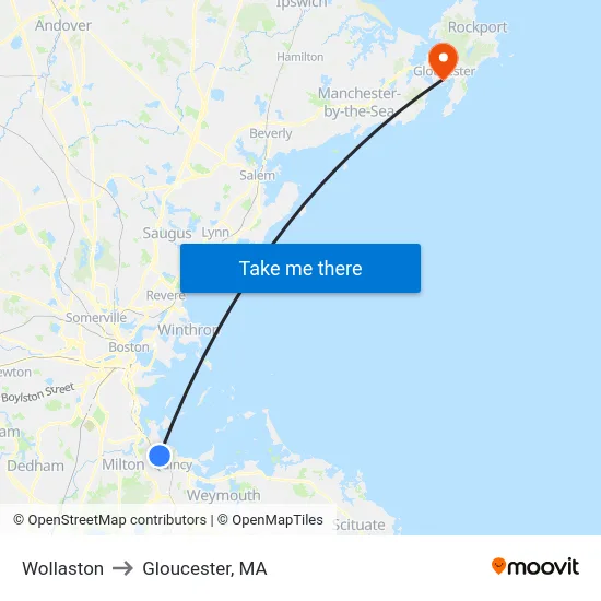 Wollaston to Gloucester, MA map