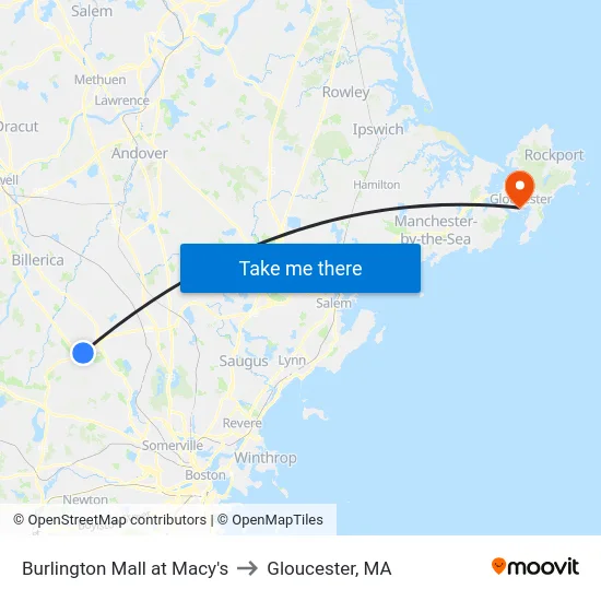 Burlington Mall at Macy's to Gloucester, MA map