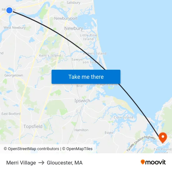 Merri Village to Gloucester, MA map