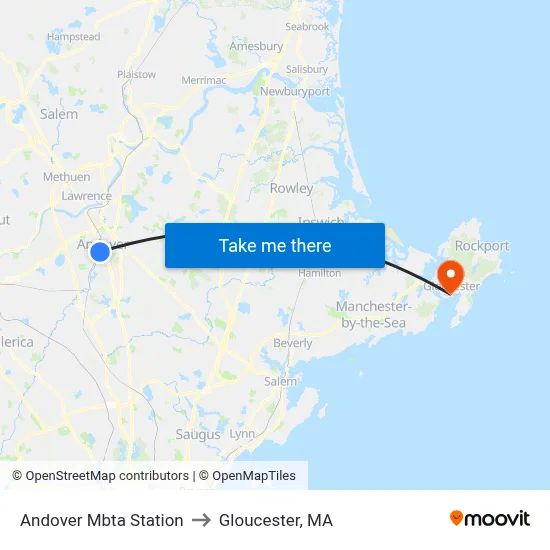Andover Mbta Station to Gloucester, MA map
