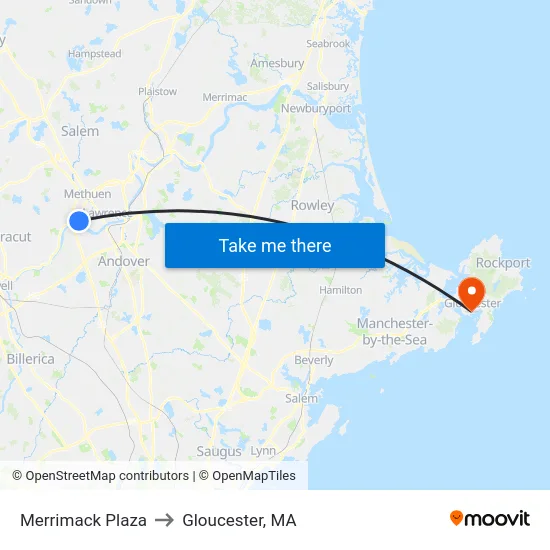 Merrimack Plaza to Gloucester, MA map