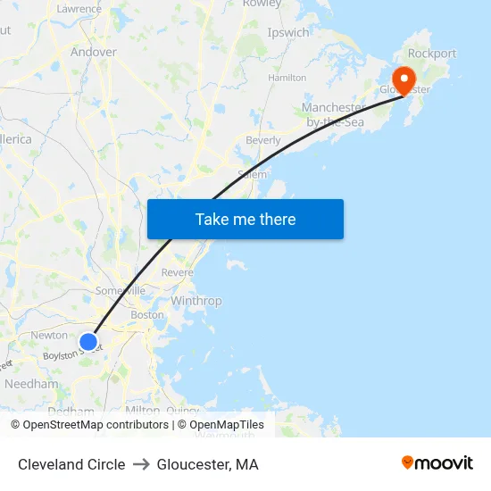 Cleveland Circle to Gloucester, MA map