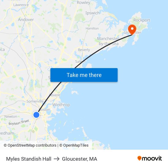 Myles Standish Hall to Gloucester, MA map