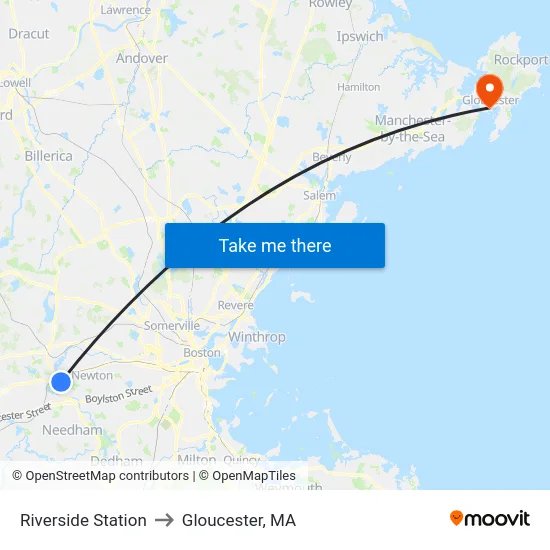 Riverside Station to Gloucester, MA map