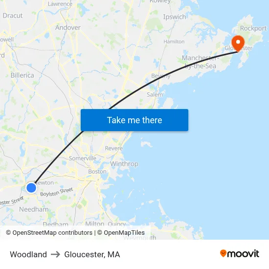 Woodland to Gloucester, MA map