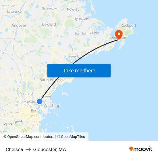 Chelsea to Gloucester, MA map