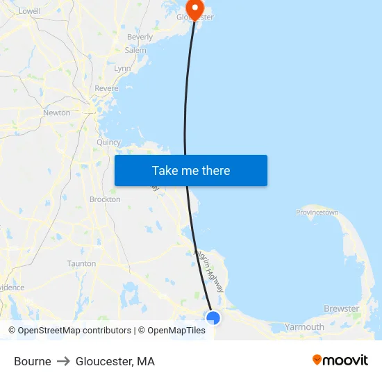 Bourne to Gloucester, MA map