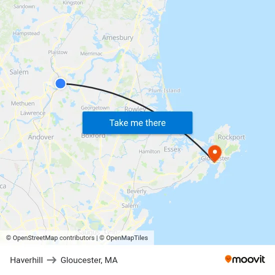Haverhill to Gloucester, MA map